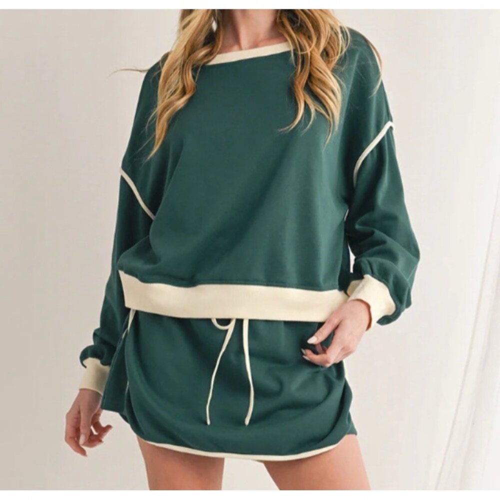 Zanzea Collection Women’s Long Sleeve Sweatshirt & Short Set Green Tan Sz Small